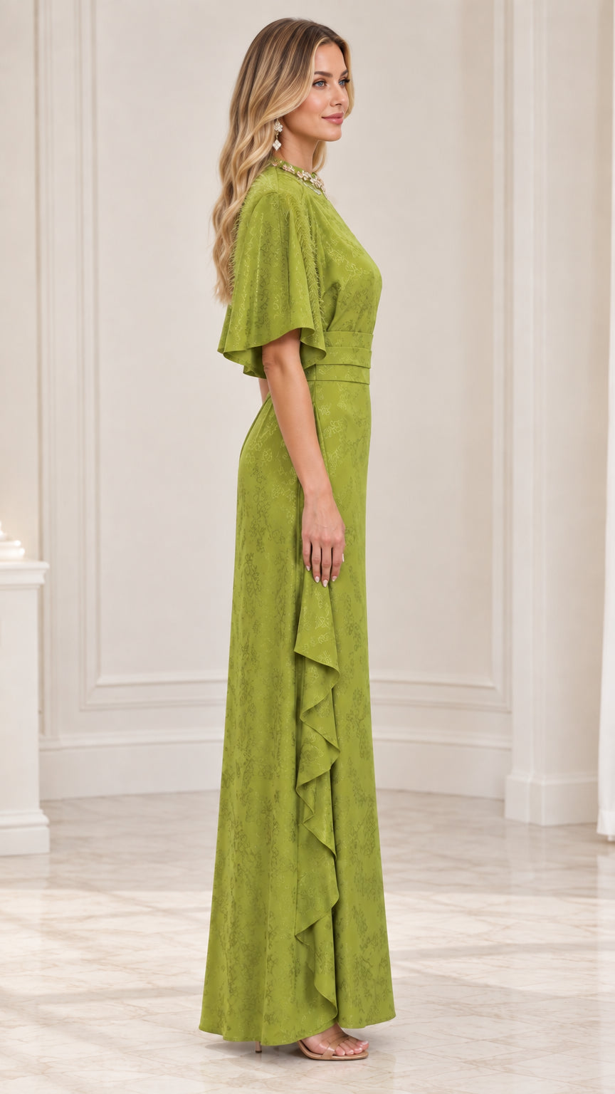 Side profile of olive green jacquard evening gown showcasing the cascading side ruffle