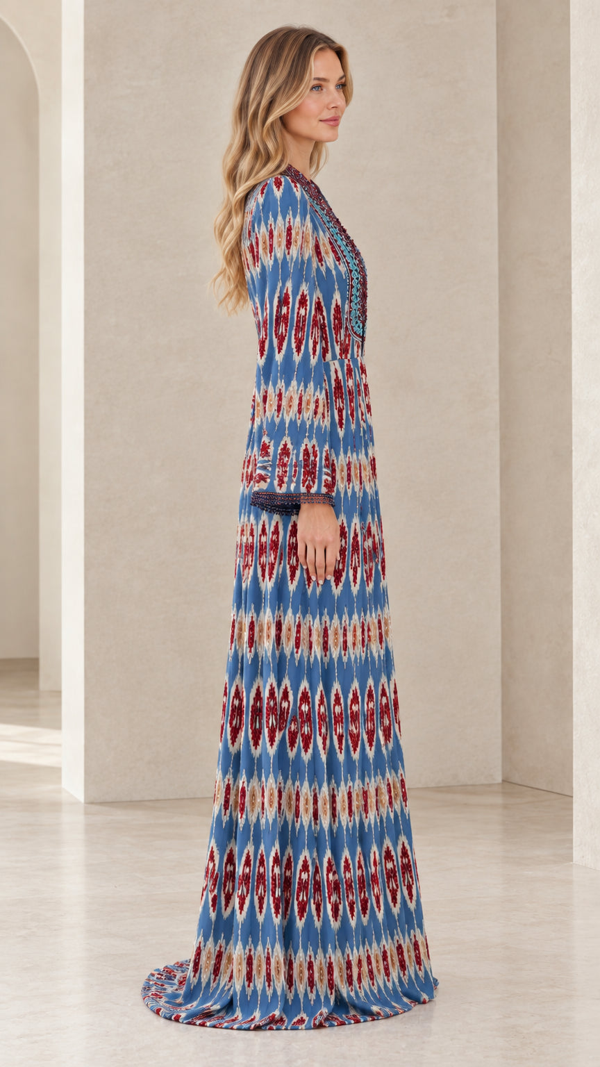 Side profile view of blue ikat patterned floor length maxi dress