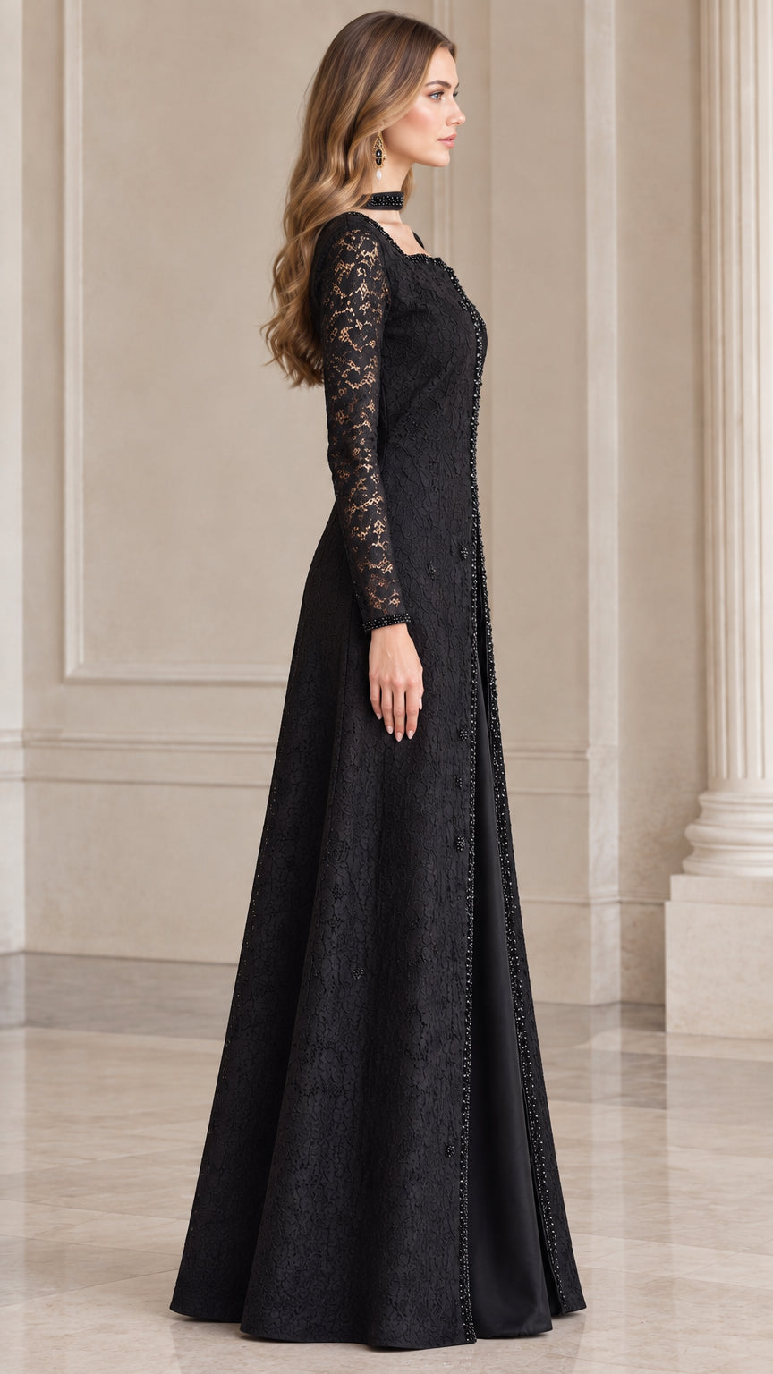 Side profile of elegant black lace A-line formal maxi dress