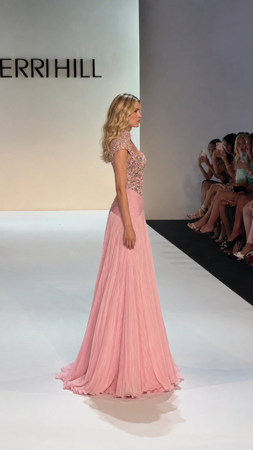Side profile of model wearing Blush Pink embellished bodice formal dress