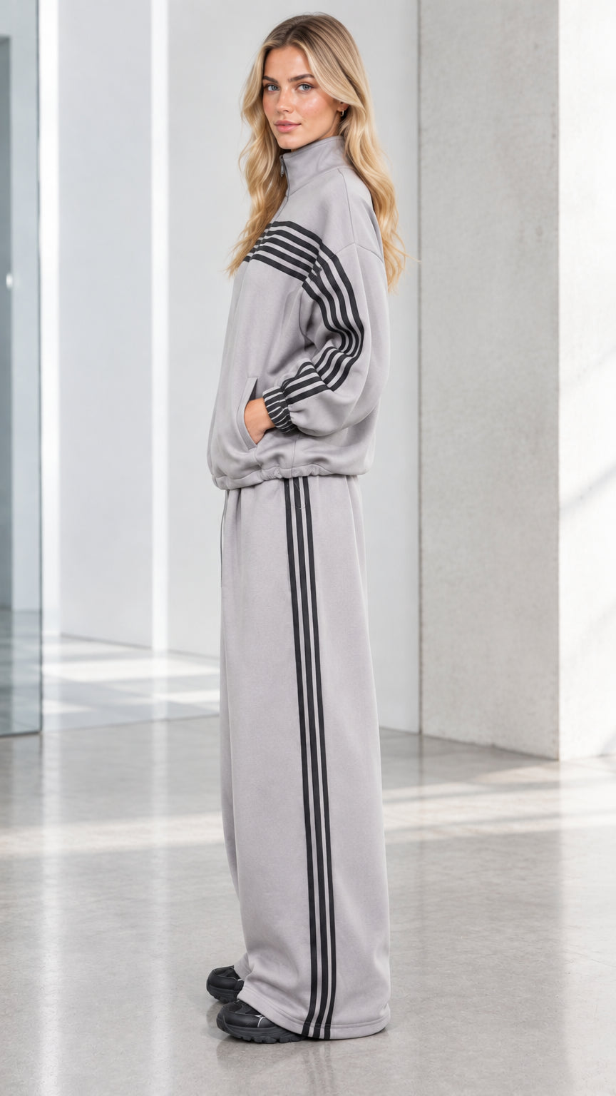 Side profile view of woman wearing Heather Grey matching tracksuit set