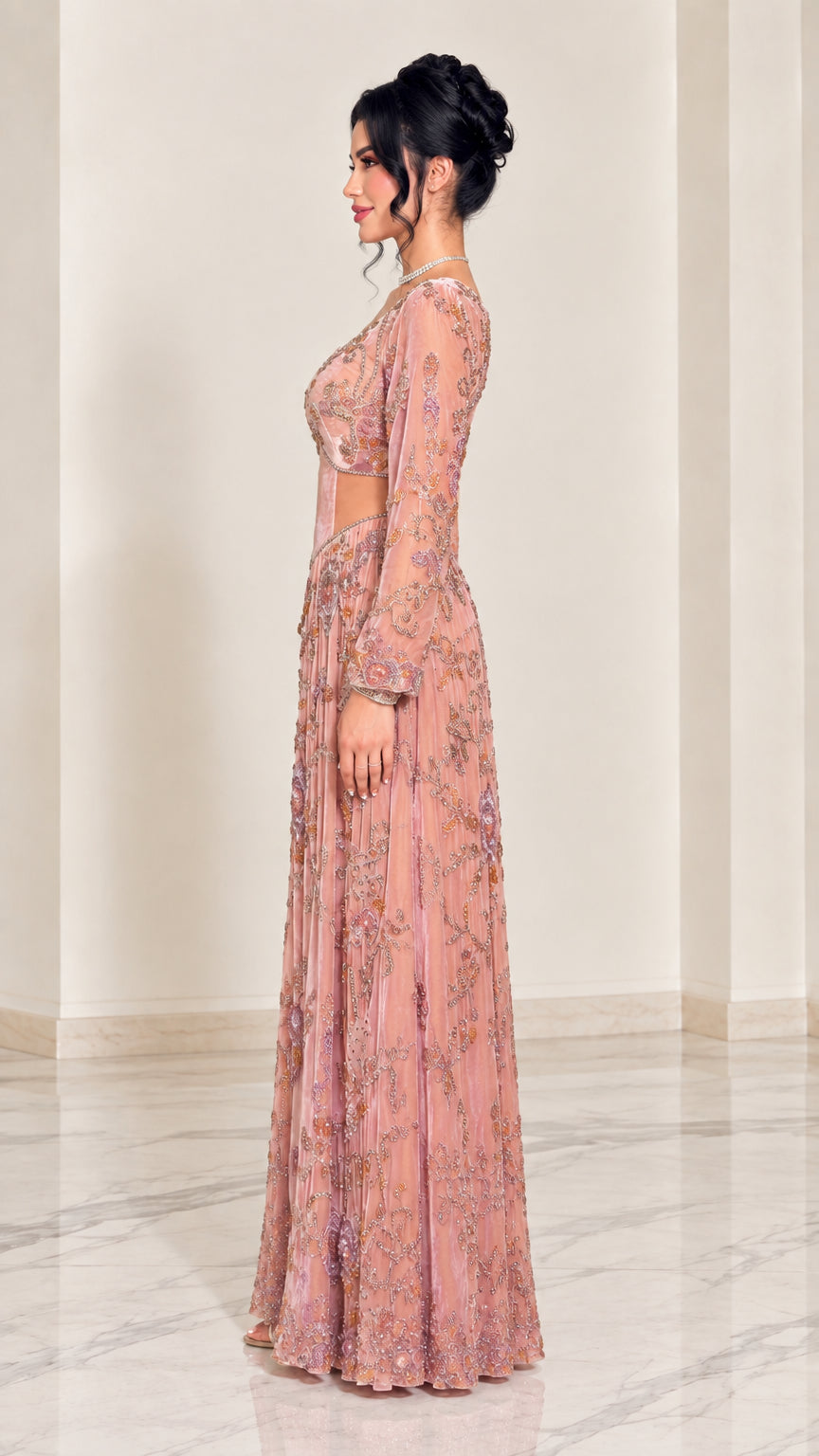 Side profile view of dusty pink beaded floor-length formal gown