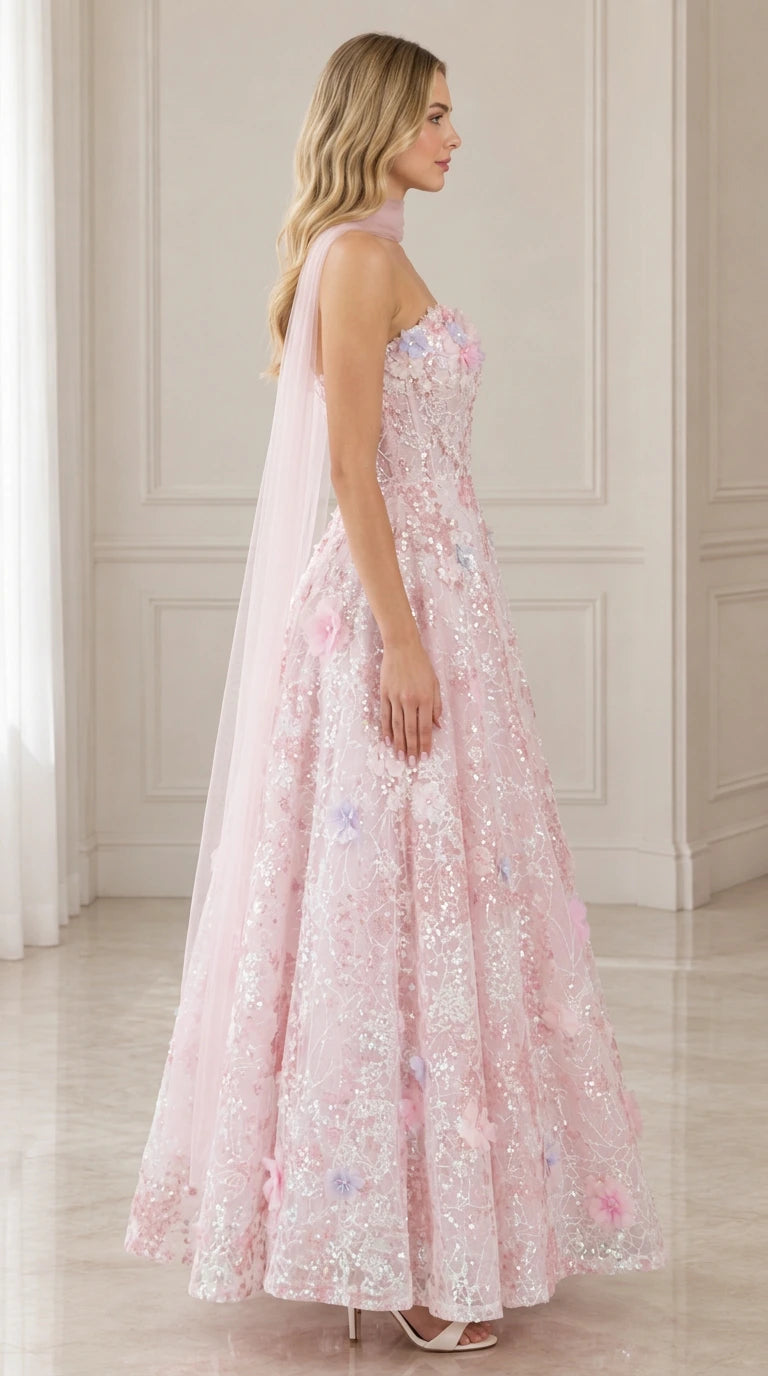 Side profile of pink strapless floral embroidered A-line maxi dress