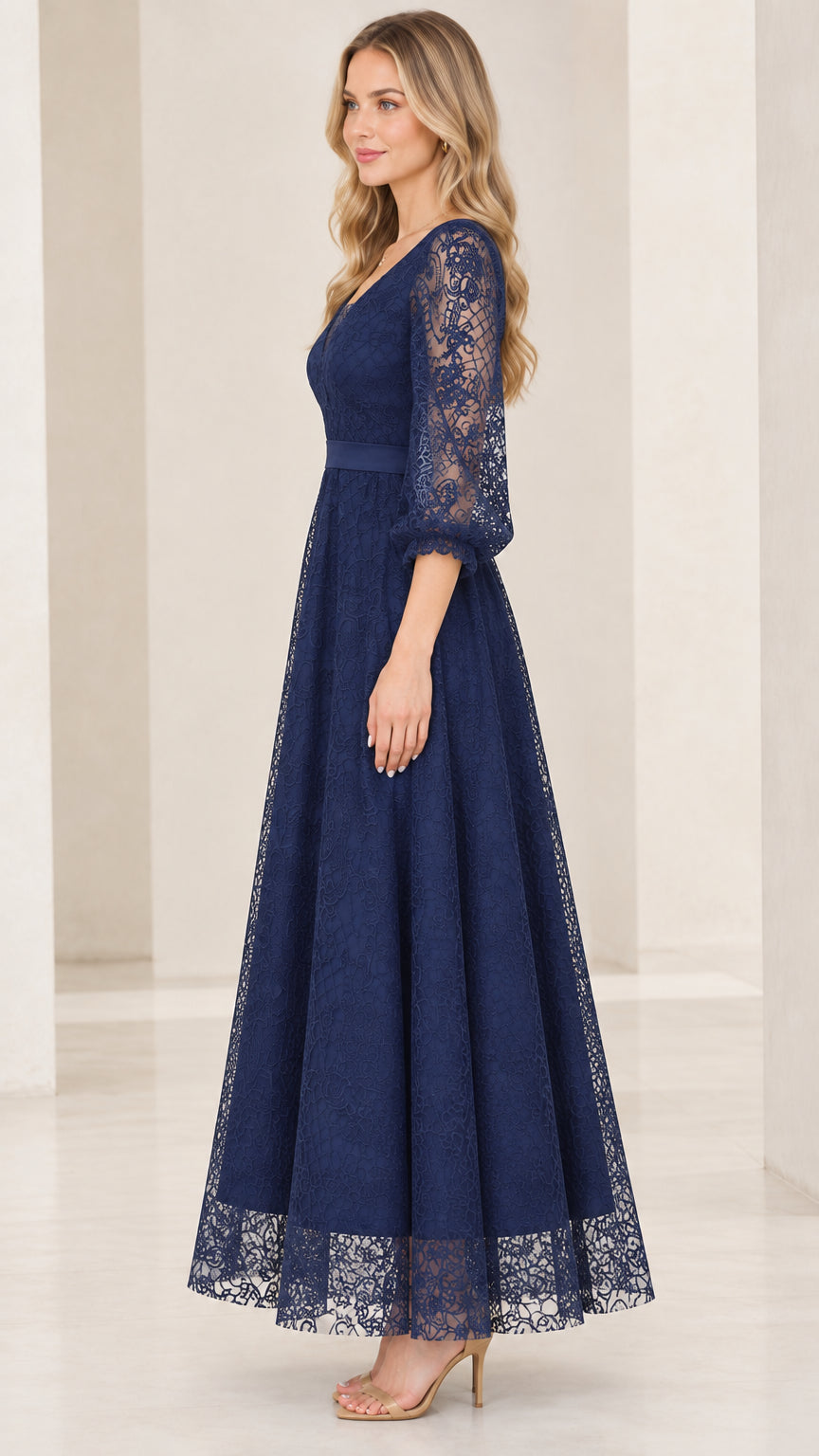 Side view of navy blue lace A-line evening gown