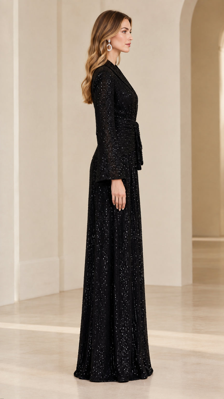 Side profile of woman in elegant black sequin floor-length evening gown