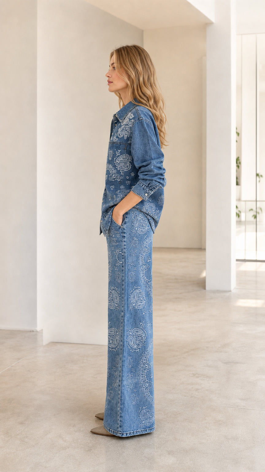 Side view of woman posing in Classic Blue paisley print denim matching set