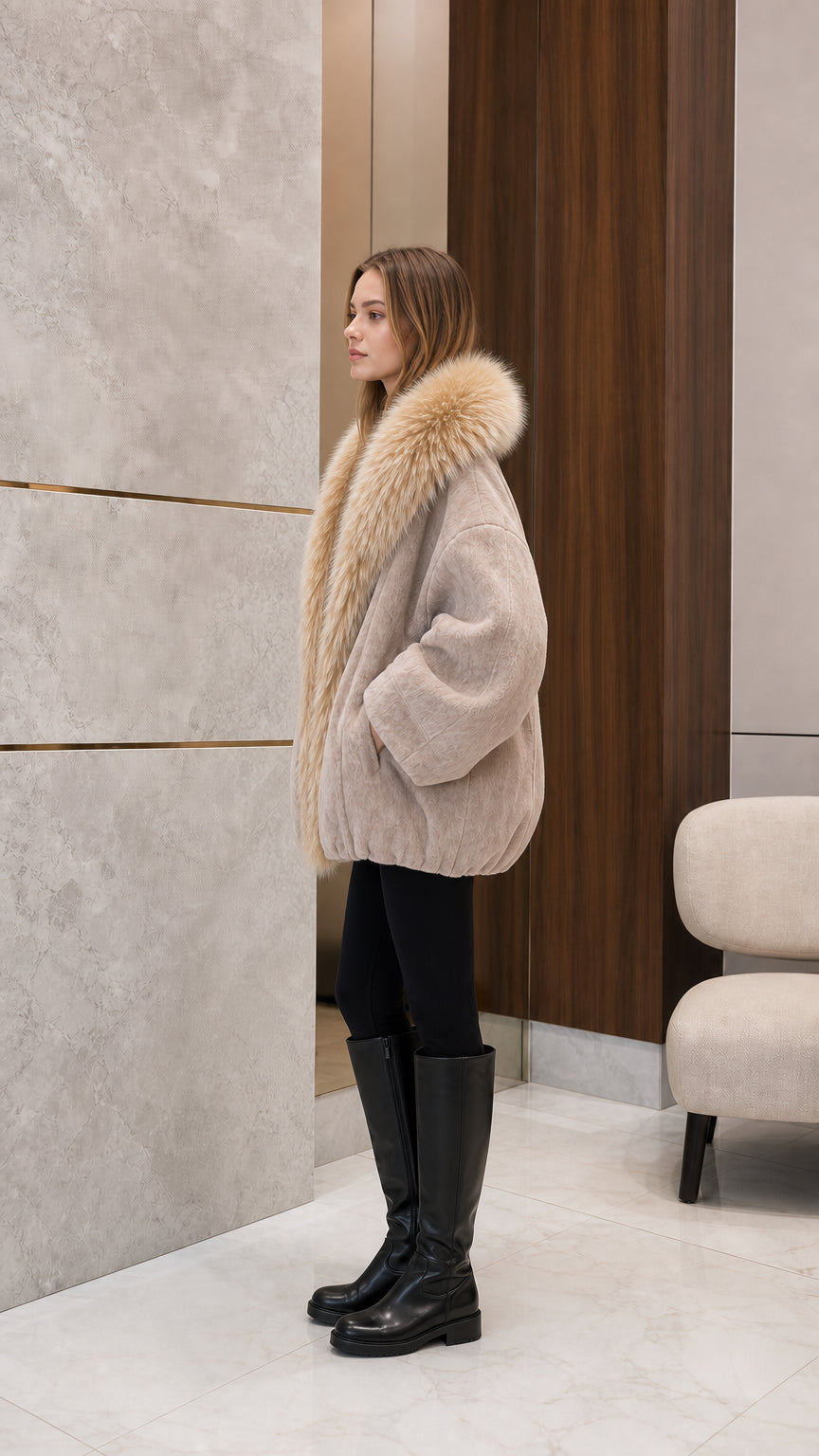 Side profile view of woman wearing beige faux fur collar winter jacket