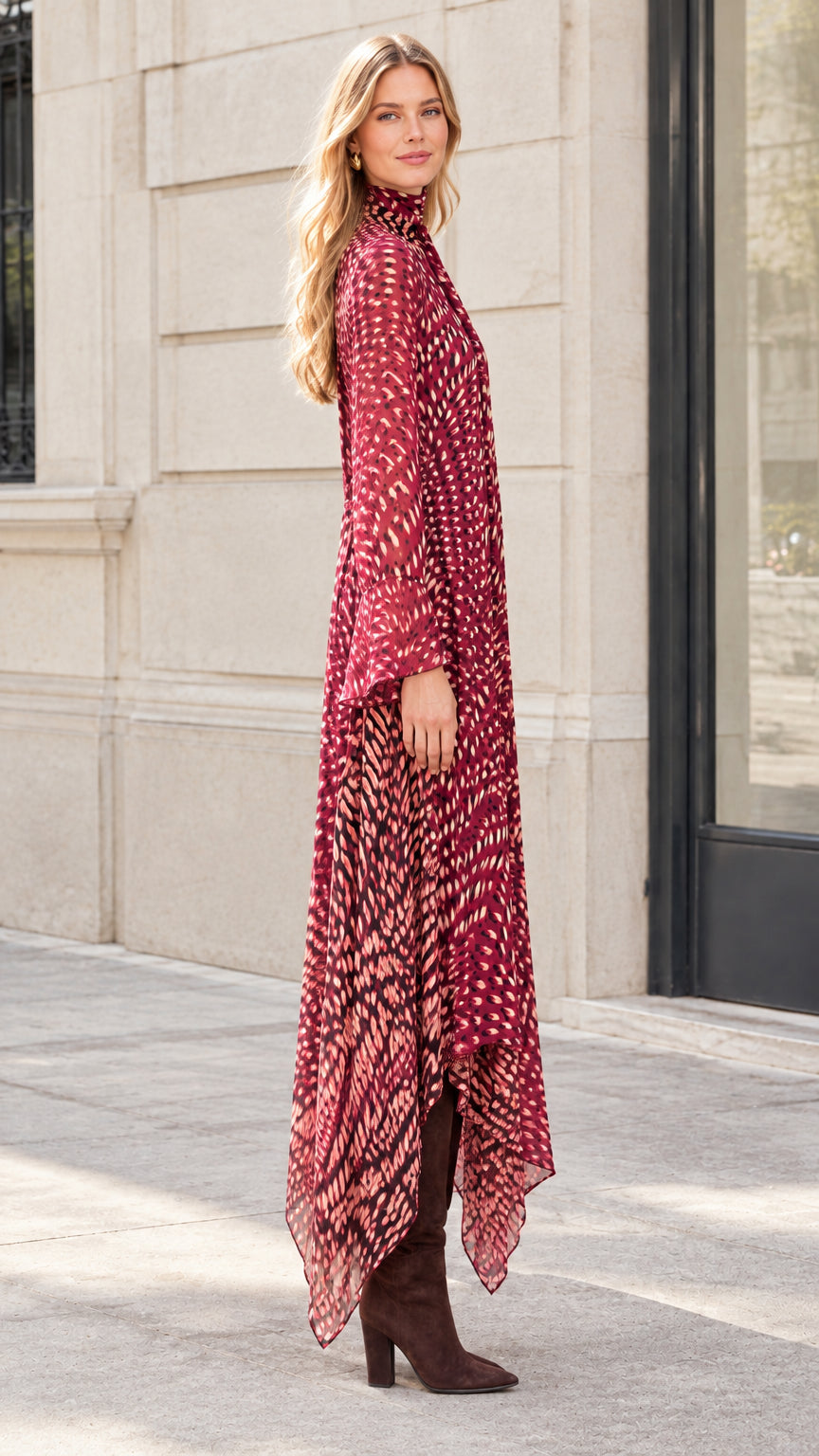 Side angle of model in Burgundy tie neck printed maxi dress and brown boots