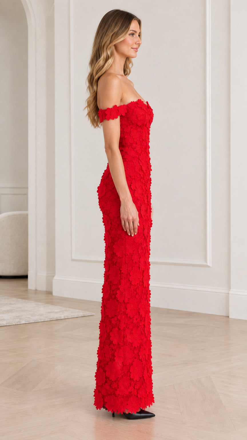 Red off-the-shoulder floral evening dress side view