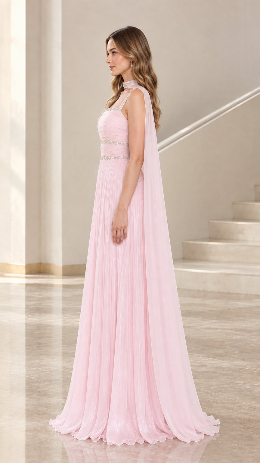 Side profile view of Light Pink cape formal dress