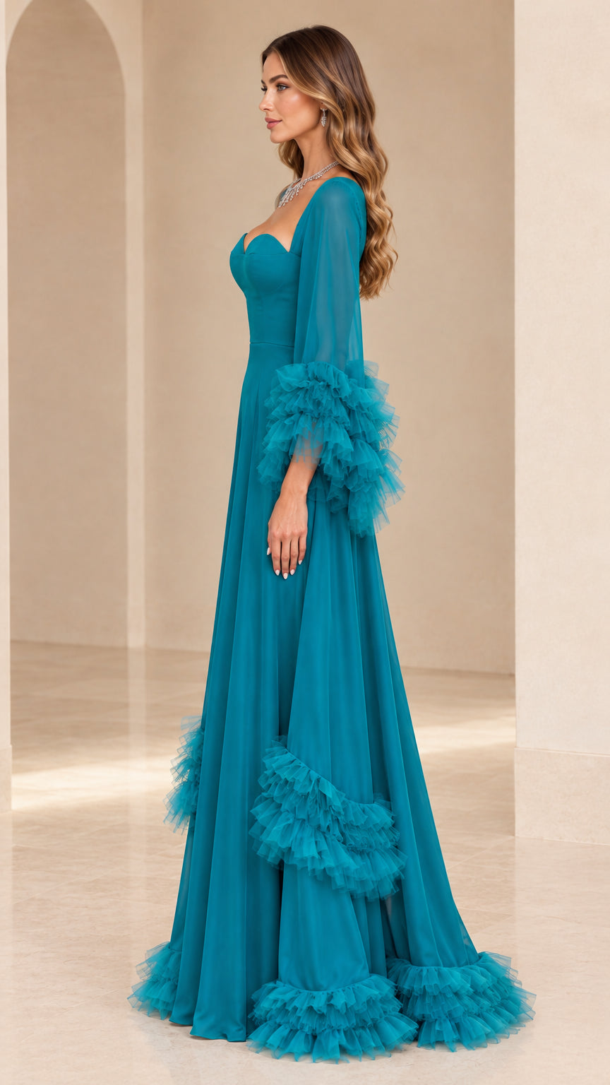 Teal formal maxi dress with ruffled sleeves, side angle view
