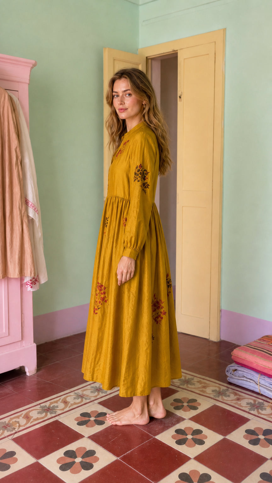 Side view of mustard embroidered midi dress