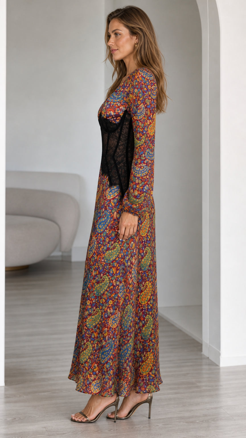 Side profile of Burgundy Multi paisley corset maxi dress showing flowy silhouette