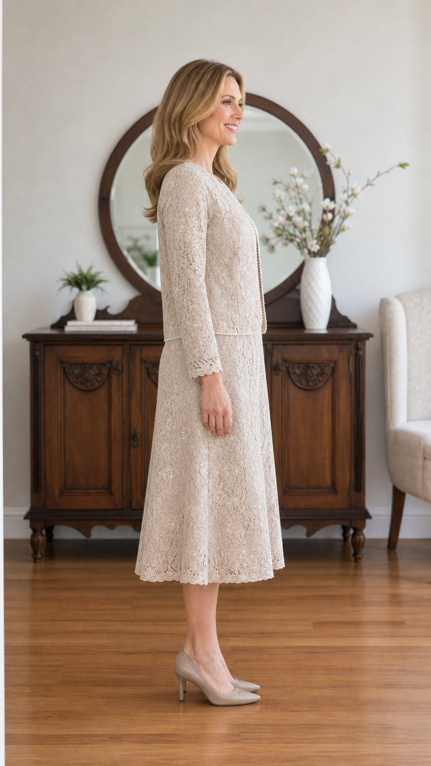 Side angle view of Champagne Beige lace two-piece formal dress set