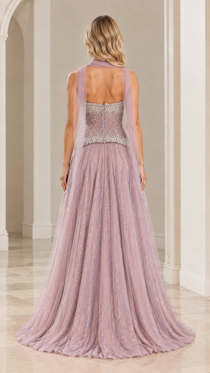 Back view of dusty mauve strapless gown showing back bodice and trailing neck scarf streamer
