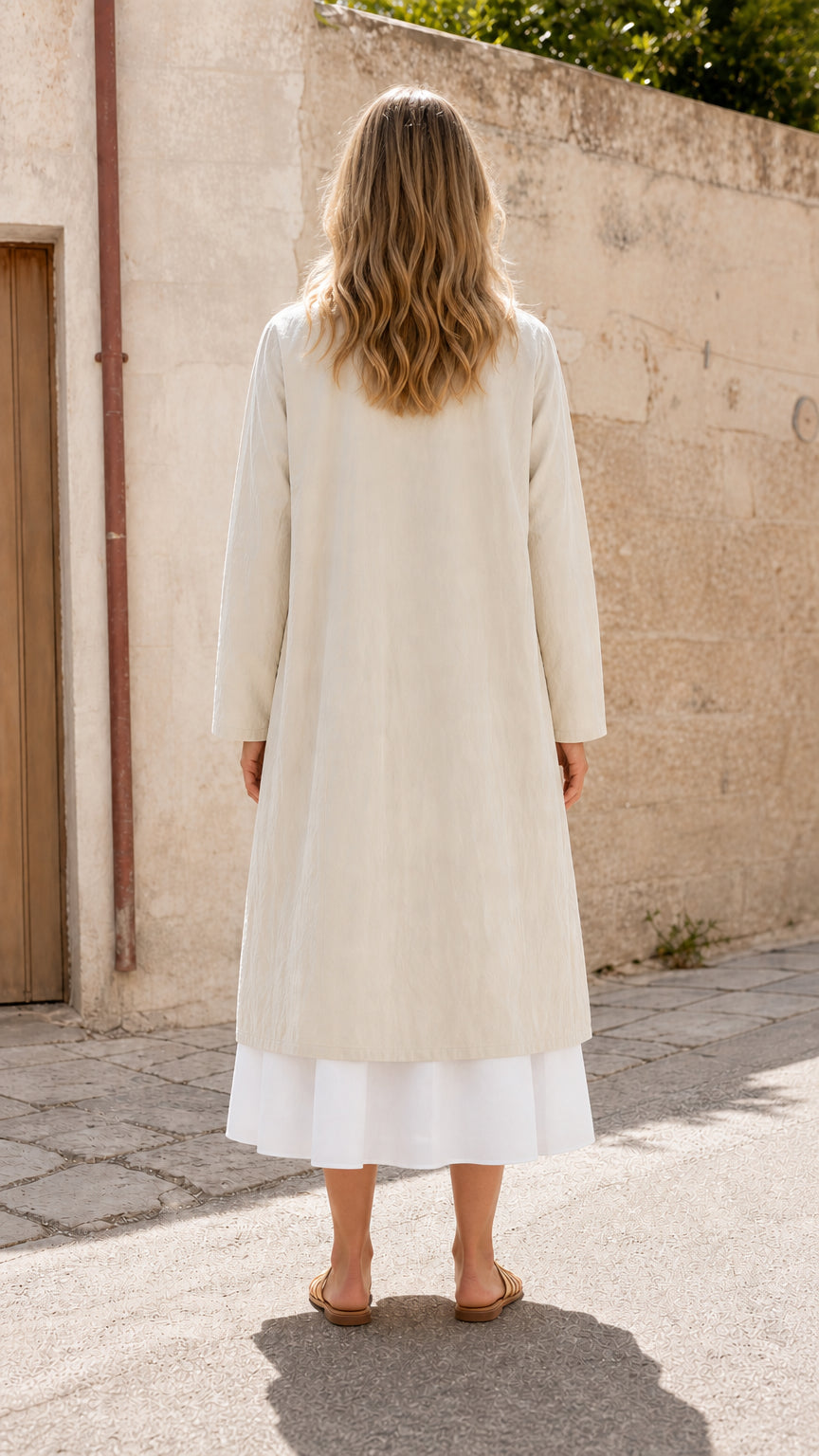 Woman wearing beige duster coat, back view