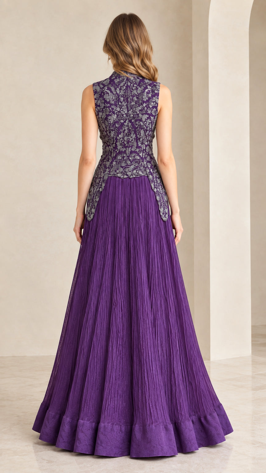 Back view of woman wearing purple sleeveless embroidered formal gown
