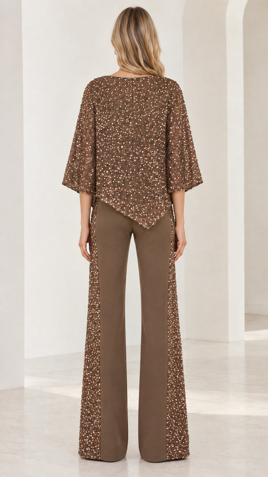 Back view of mocha brown sequined asymmetrical top and wide leg trousers