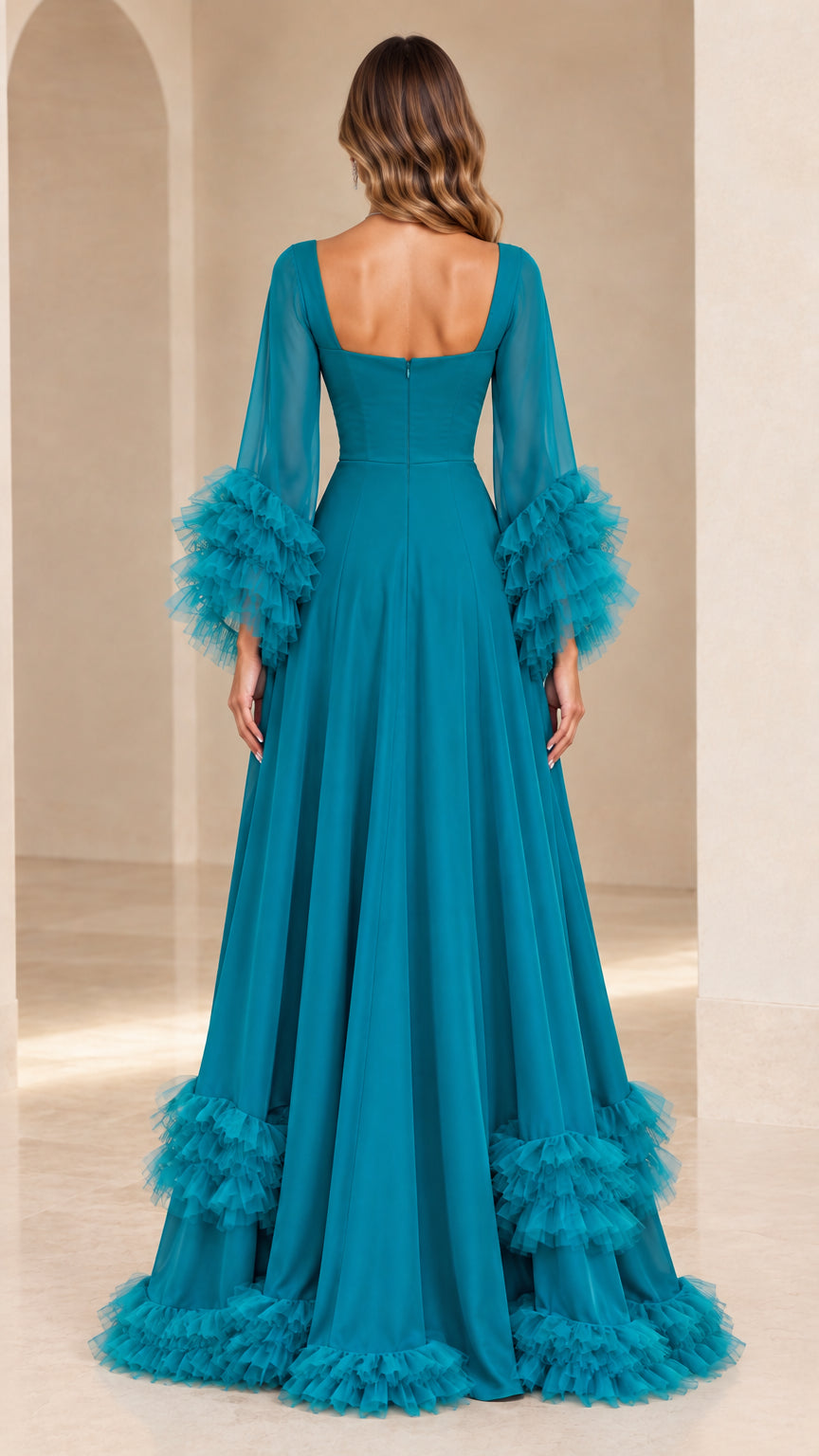 Back view of teal sweetheart evening gown showing square back and concealed zipper