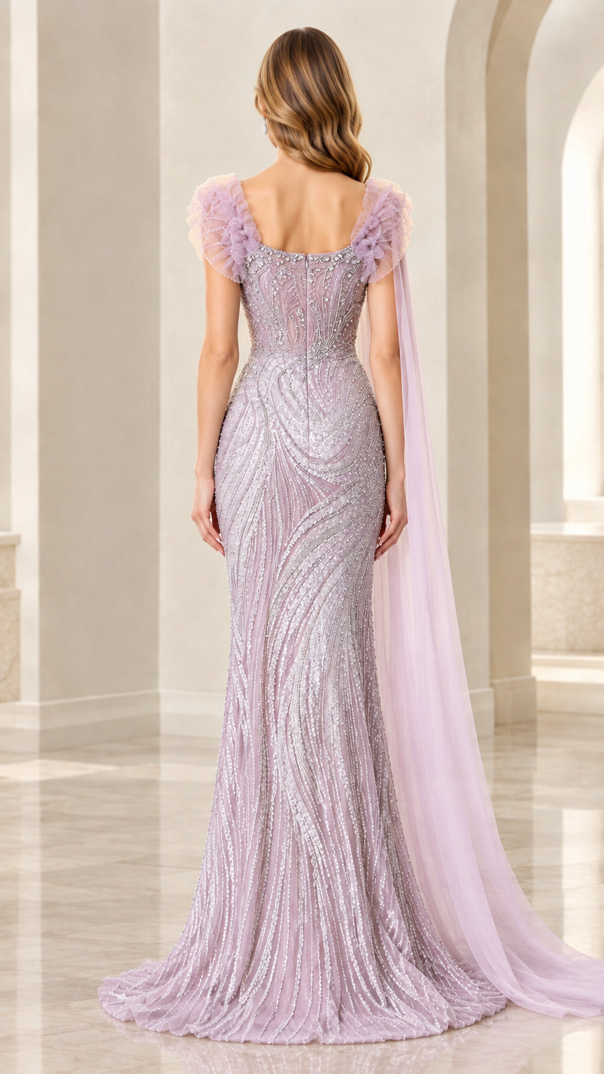 Back view of lavender gown highlighting trailing sheer cape drapes
