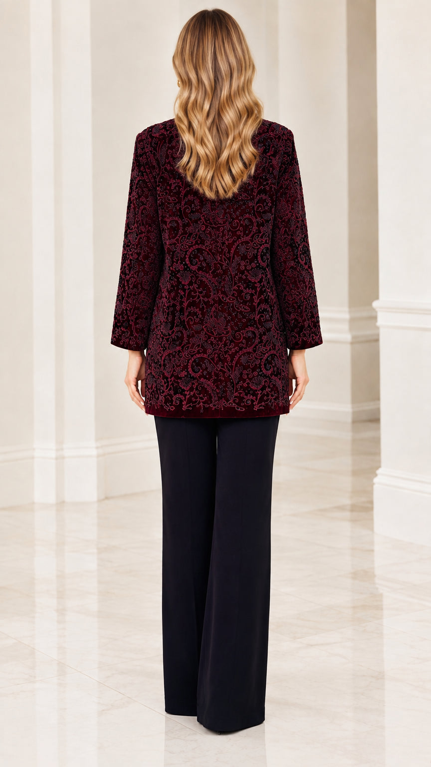 Back view of burgundy patterned burnout velvet jacket