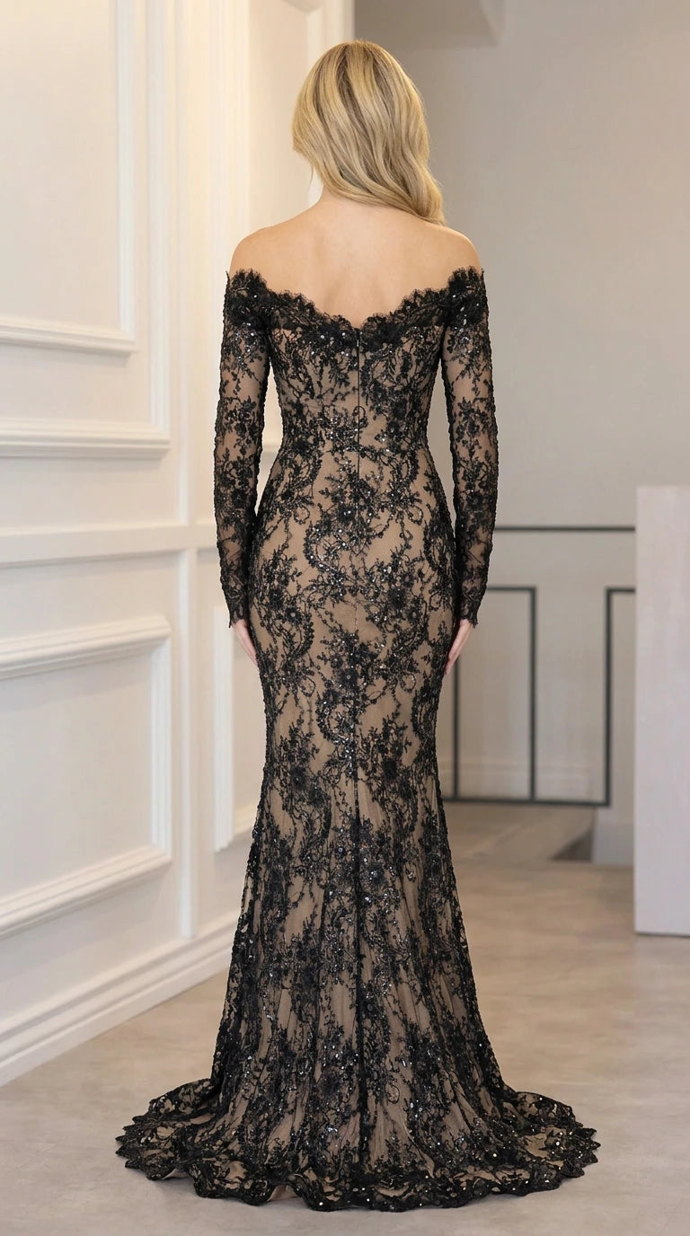 Back view of off-the-shoulder sequin lace evening gown