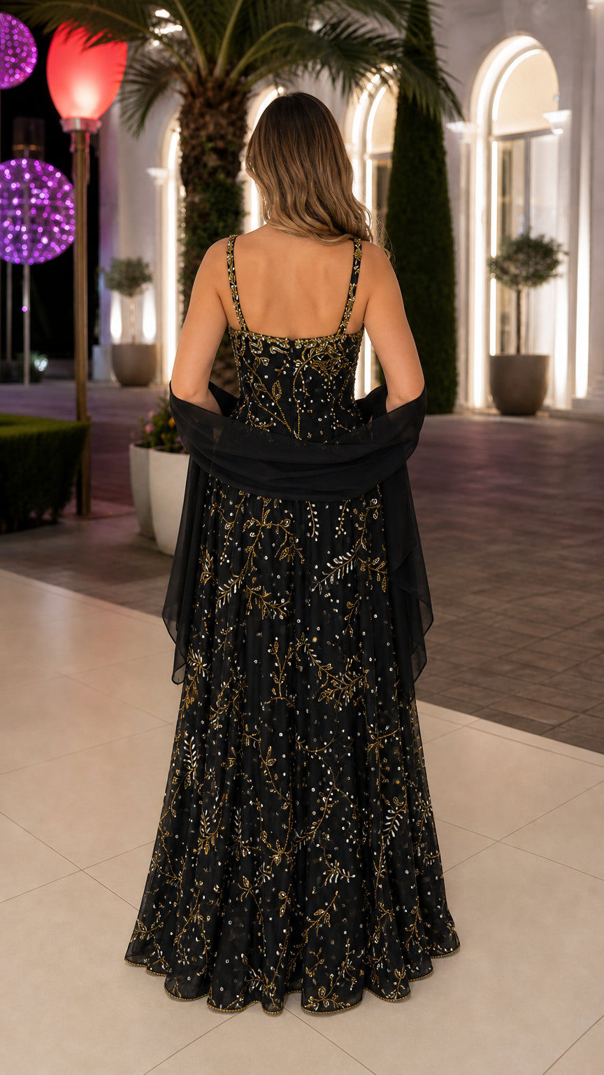 Back view of black sequined floor-length A-line formal dress