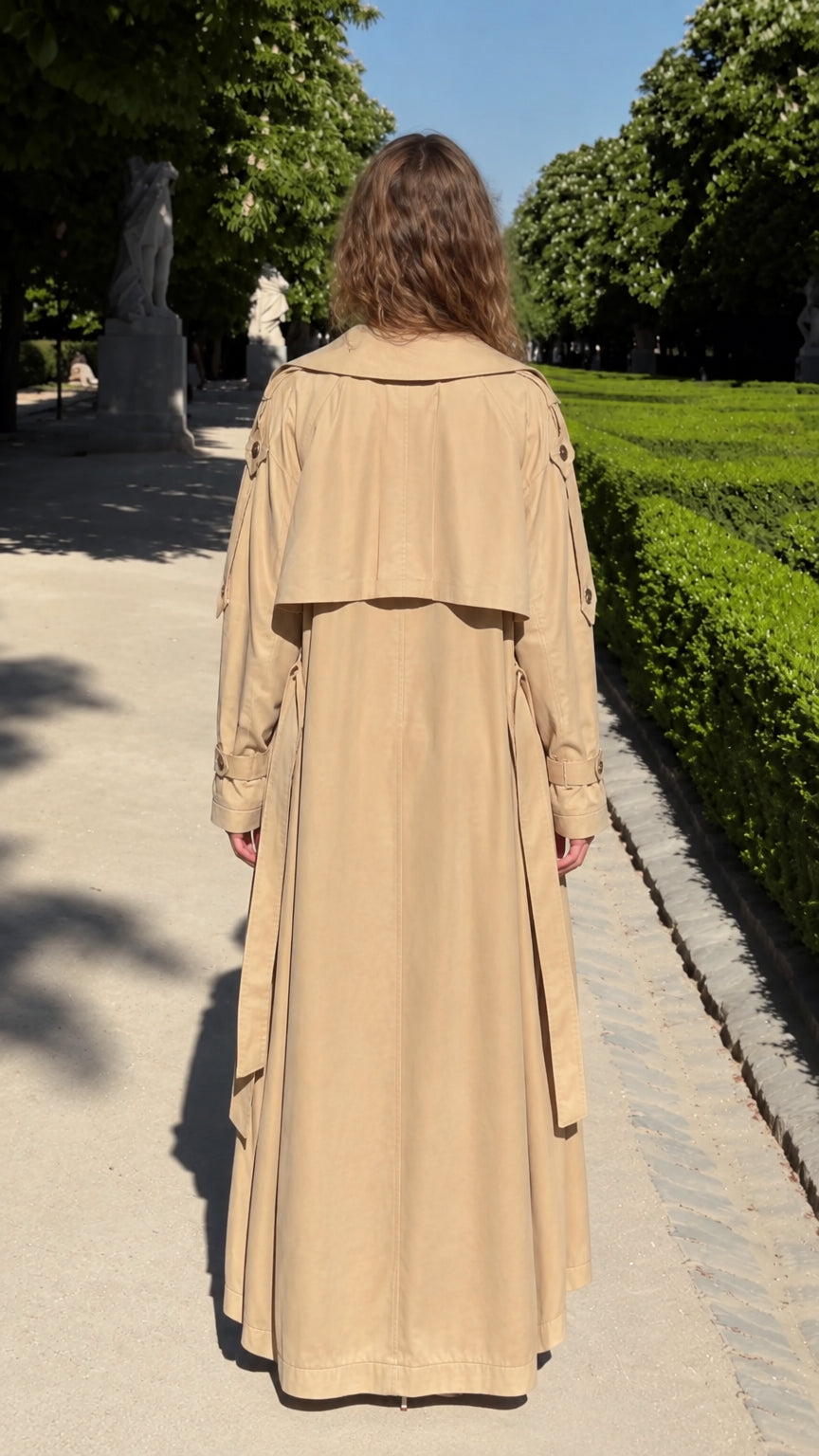 Back view of beige maxi trench coat showing storm flap and sweeping hemline