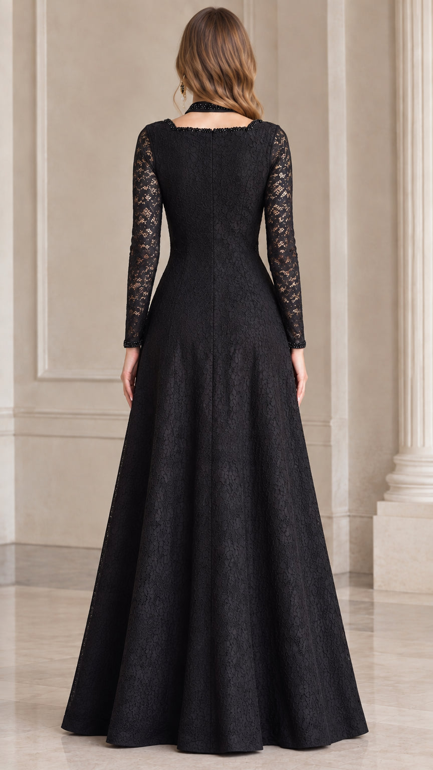 Back view of floor-length black lace formal evening gown