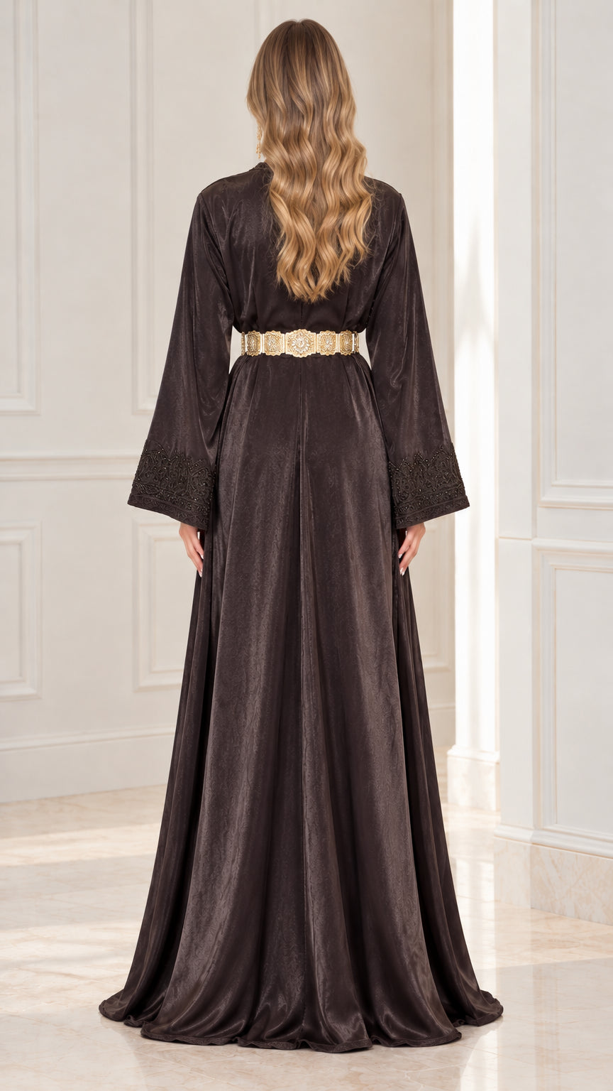 Back view of floor-length black satin kaftan dress