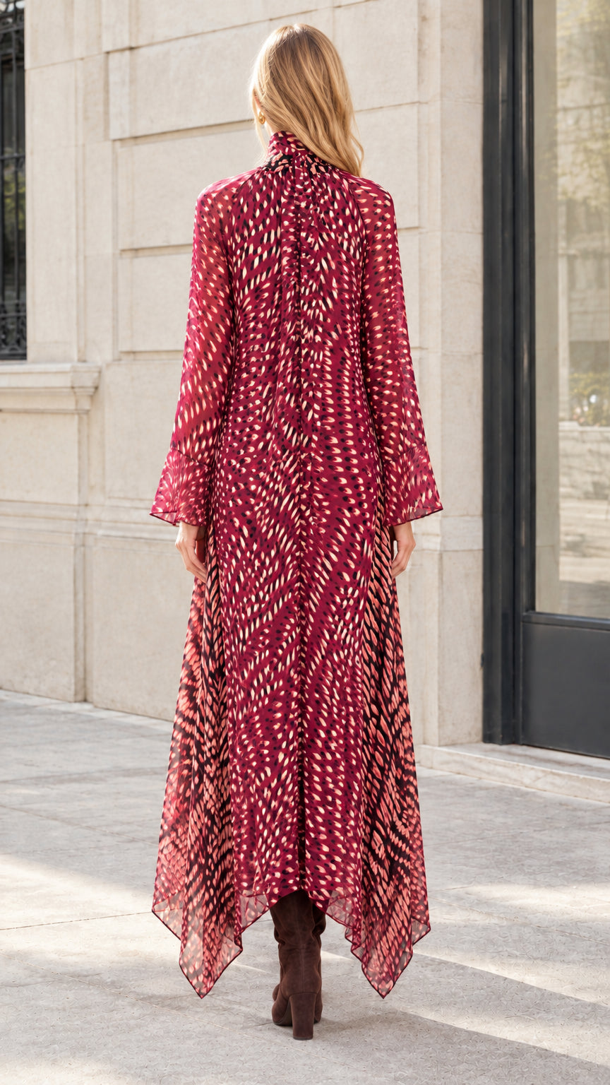 Back view of model wearing Burgundy handkerchief hem long sleeve maxi dress