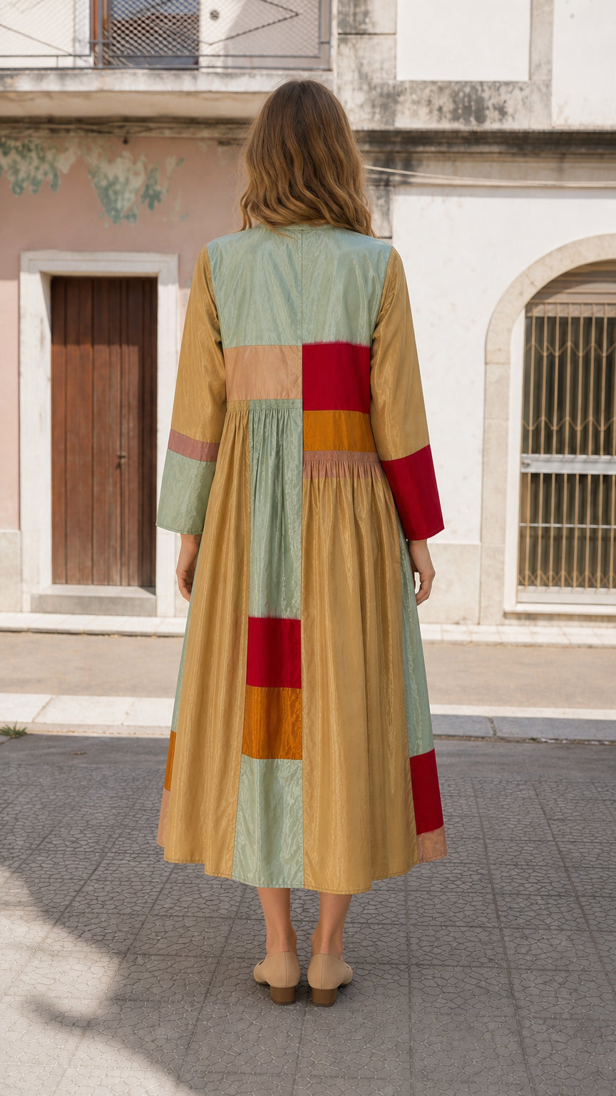 Back view of woman wearing olive boho colorblock midi dress