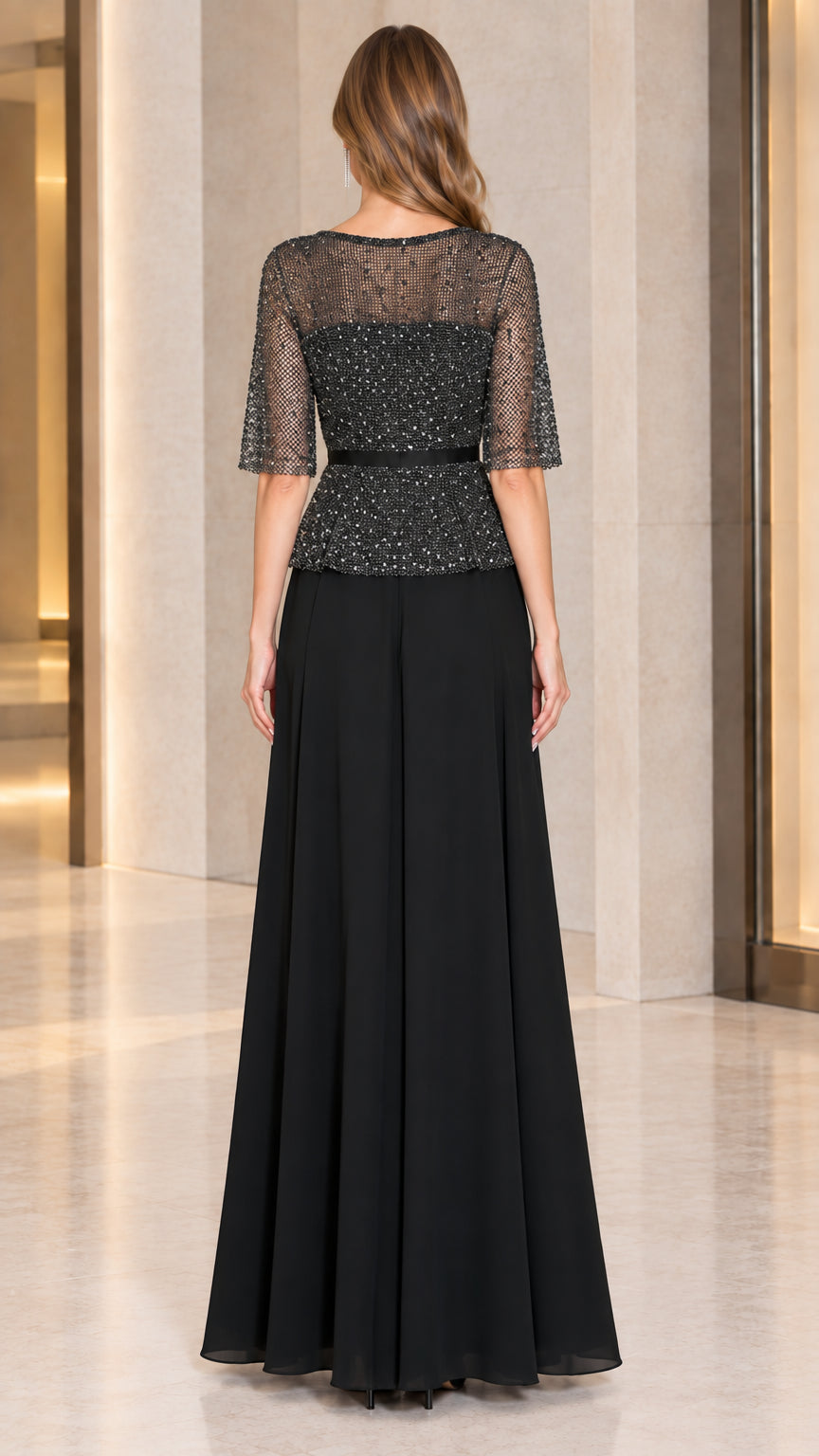 Back view of woman wearing black sequin mesh floor length dress