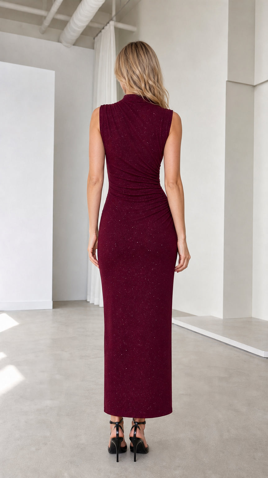 Burgundy high neck sparkle maxi dress back view