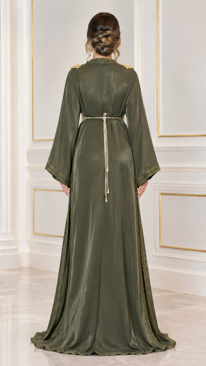 Back view of Olive Green floor length satin kaftan dress