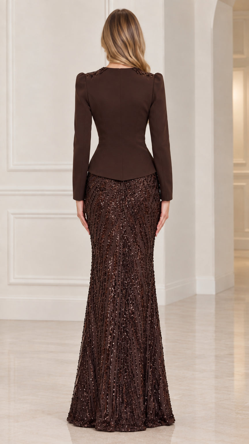Back view of chocolate brown peplum formal evening gown with sequin skirt