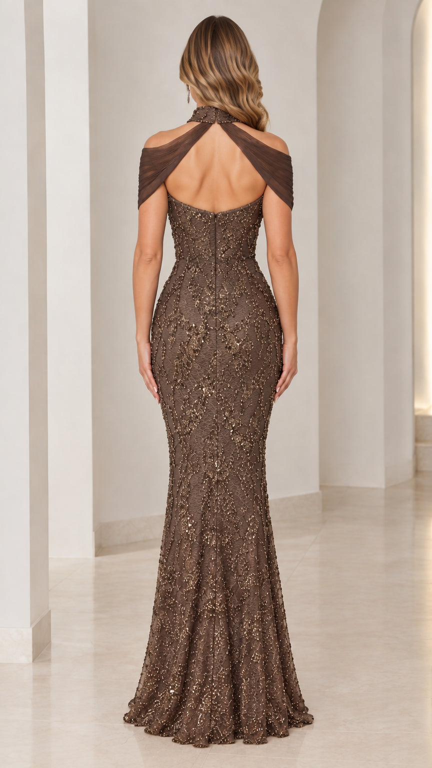 Back view of Mocha halter neck evening dress with keyhole back cutout