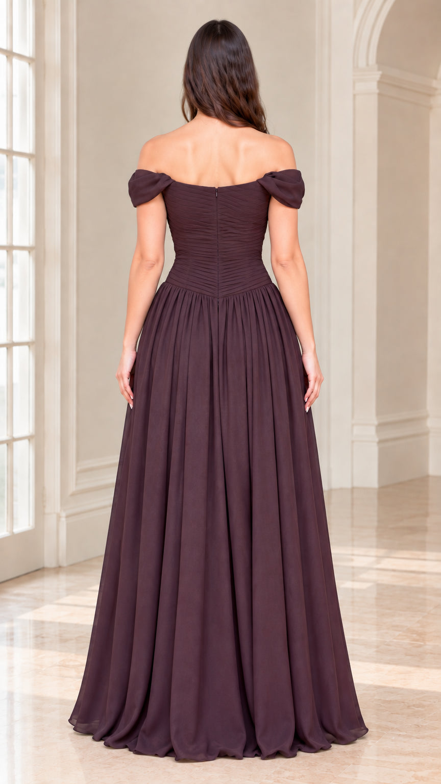 Back view of model wearing plum pleated chiffon maxi dress
