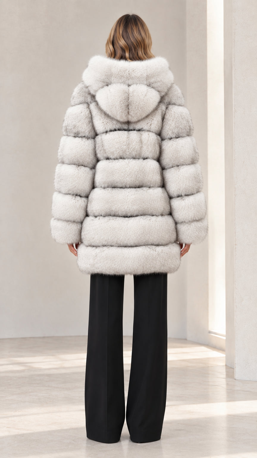 Back view of Light Grey hooded faux fur coat showing tiered horizontal bands