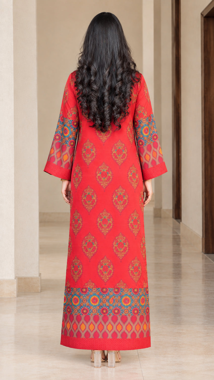 Back full-length view of woman in red longline ethnic kaftan dress