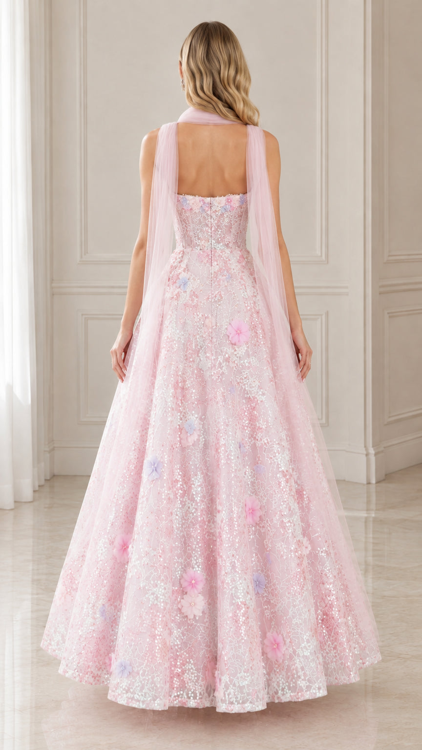 Back view of pink strapless sequin gown showing trailing sheer scarf drape