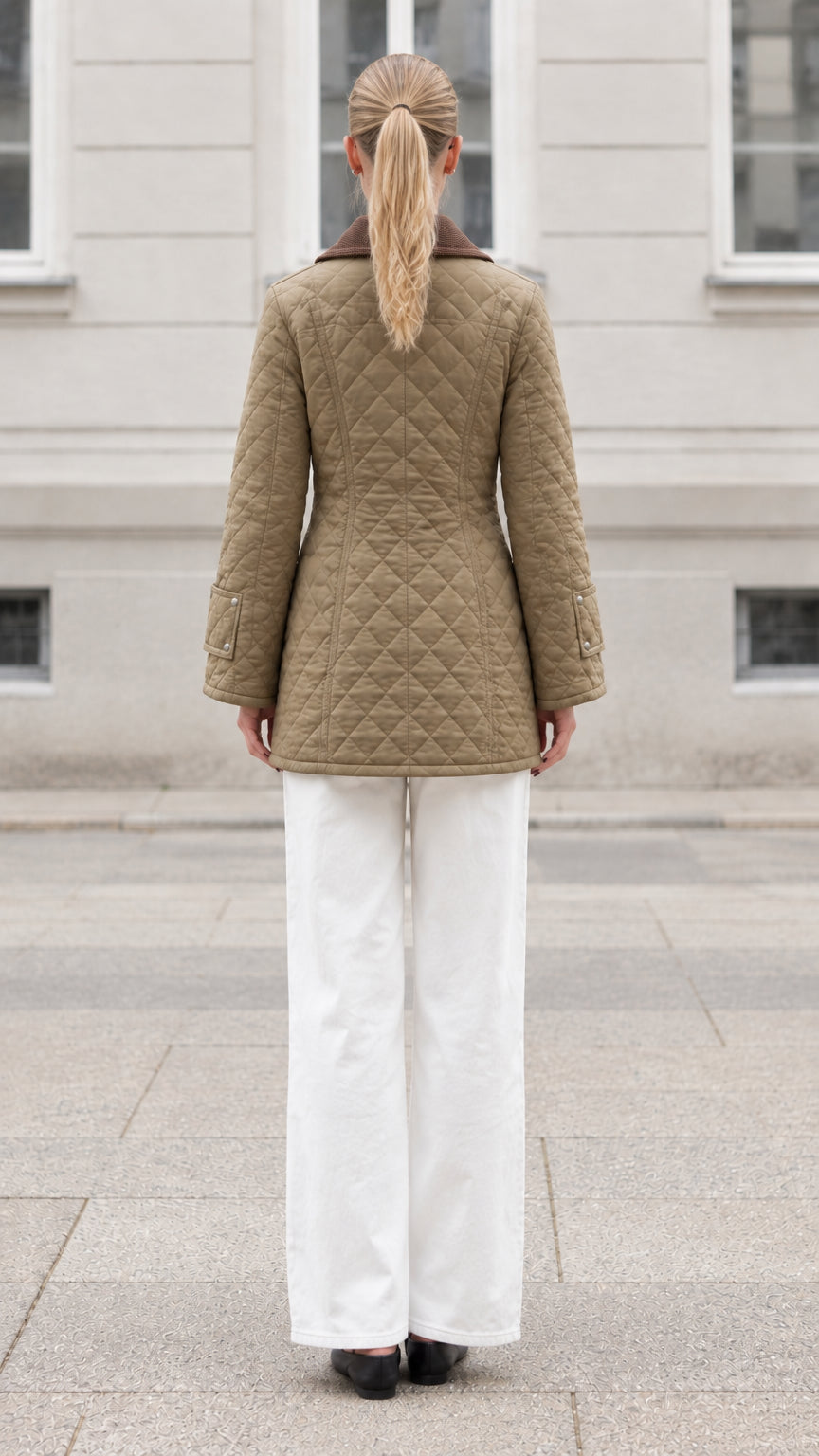 Back view of woman wearing khaki mid-length diamond quilted jacket