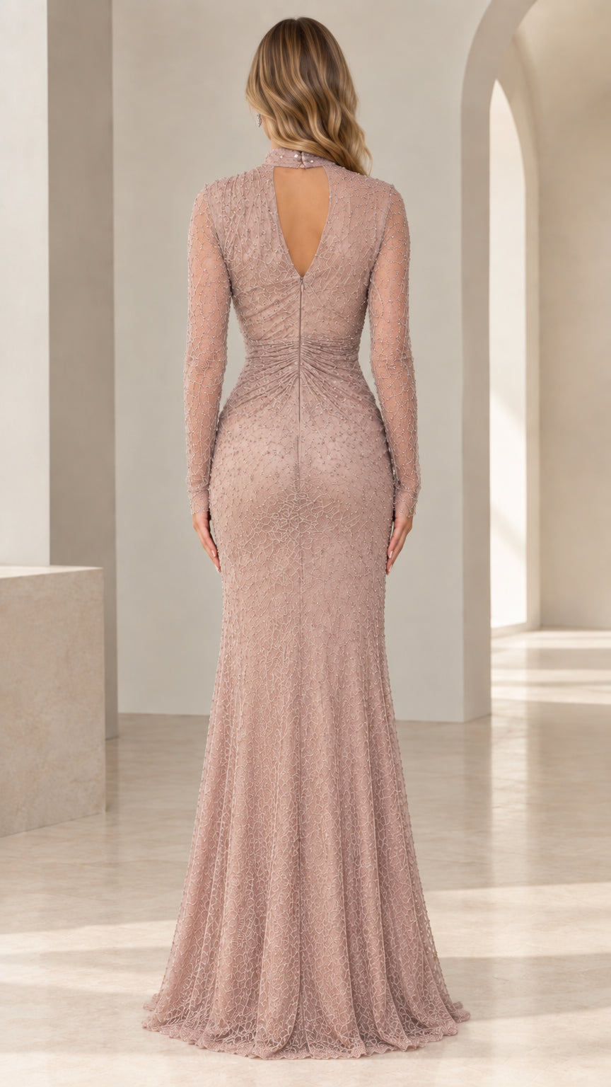 Back view of dusty mauve formal gown showing open keyhole back and floor-length hem