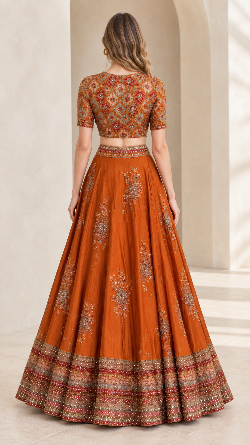 Back view of woman wearing Rust Orange embroidered crop top and pleated maxi skirt