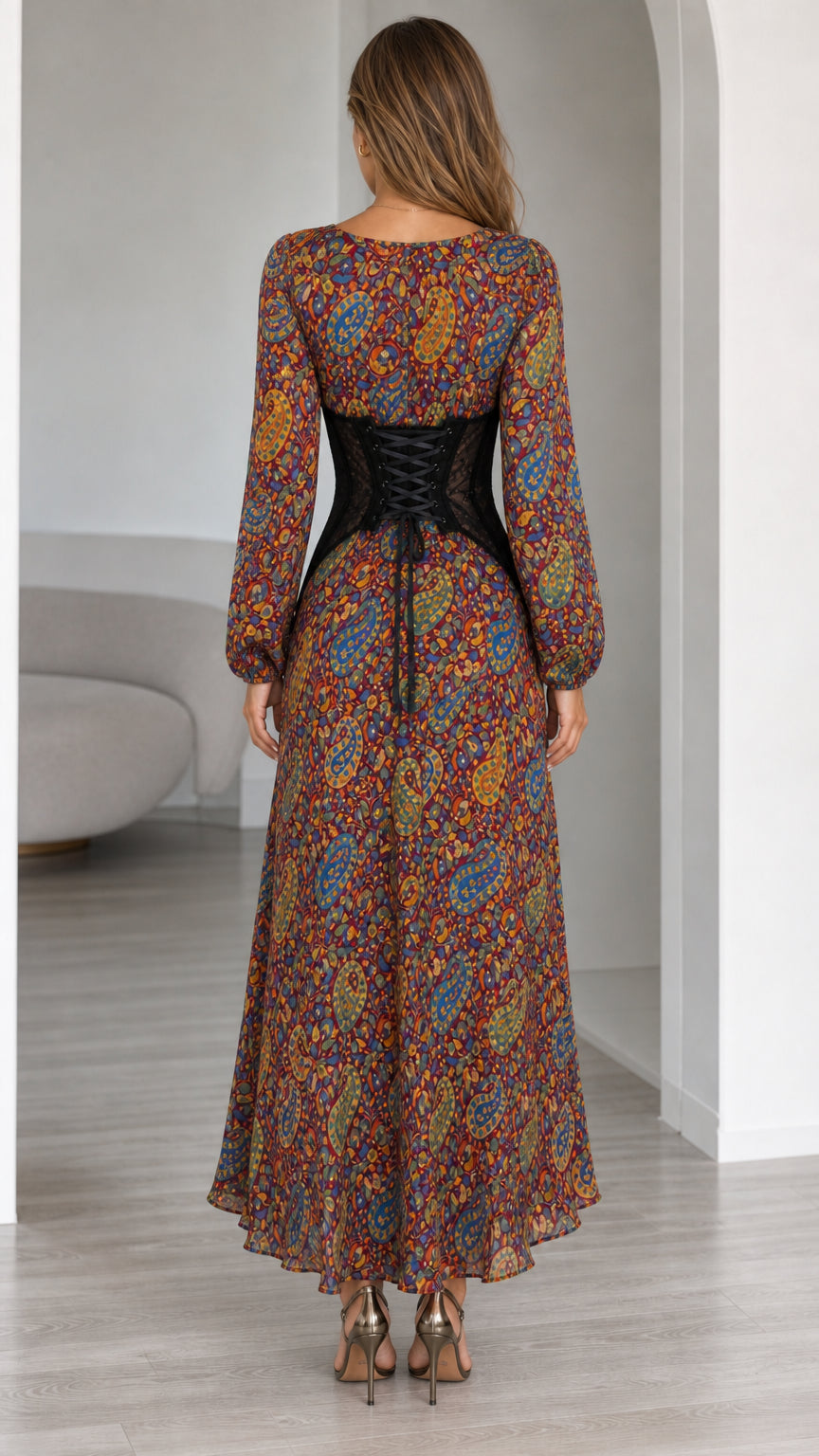 Back view of paisley maxi dress showing lace-up back corset detail and long sleeves