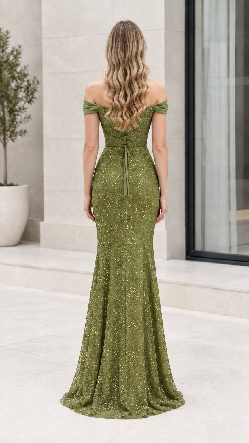 Back view of olive green floor-length lace evening gown with off-the-shoulder straps