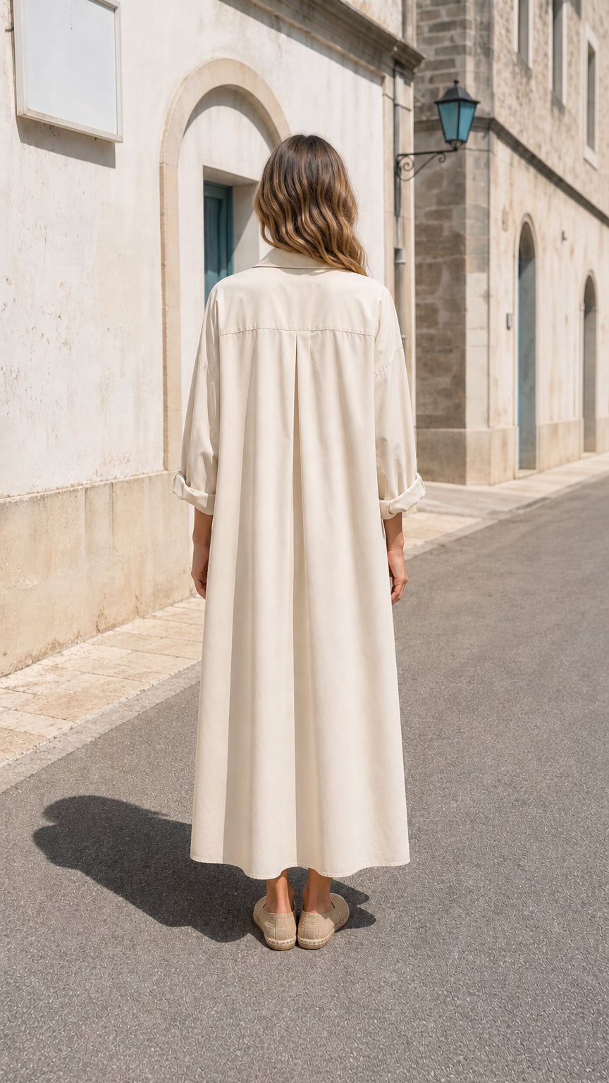 Back view of woman wearing beige maxi shirt dress