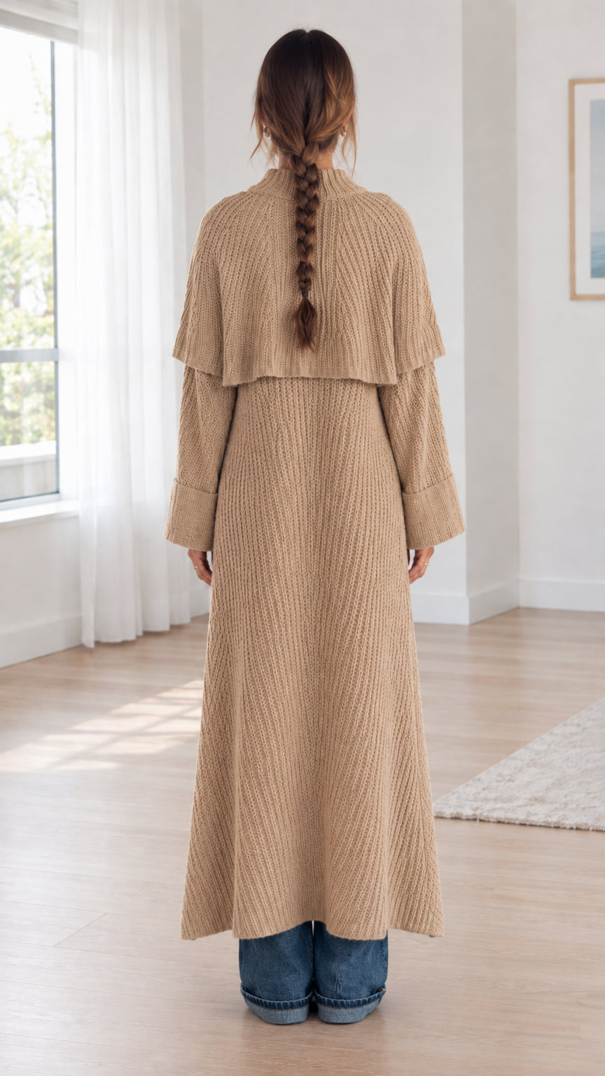 Back view of camel ribbed knit long cardigan highlighting cape overlay detail