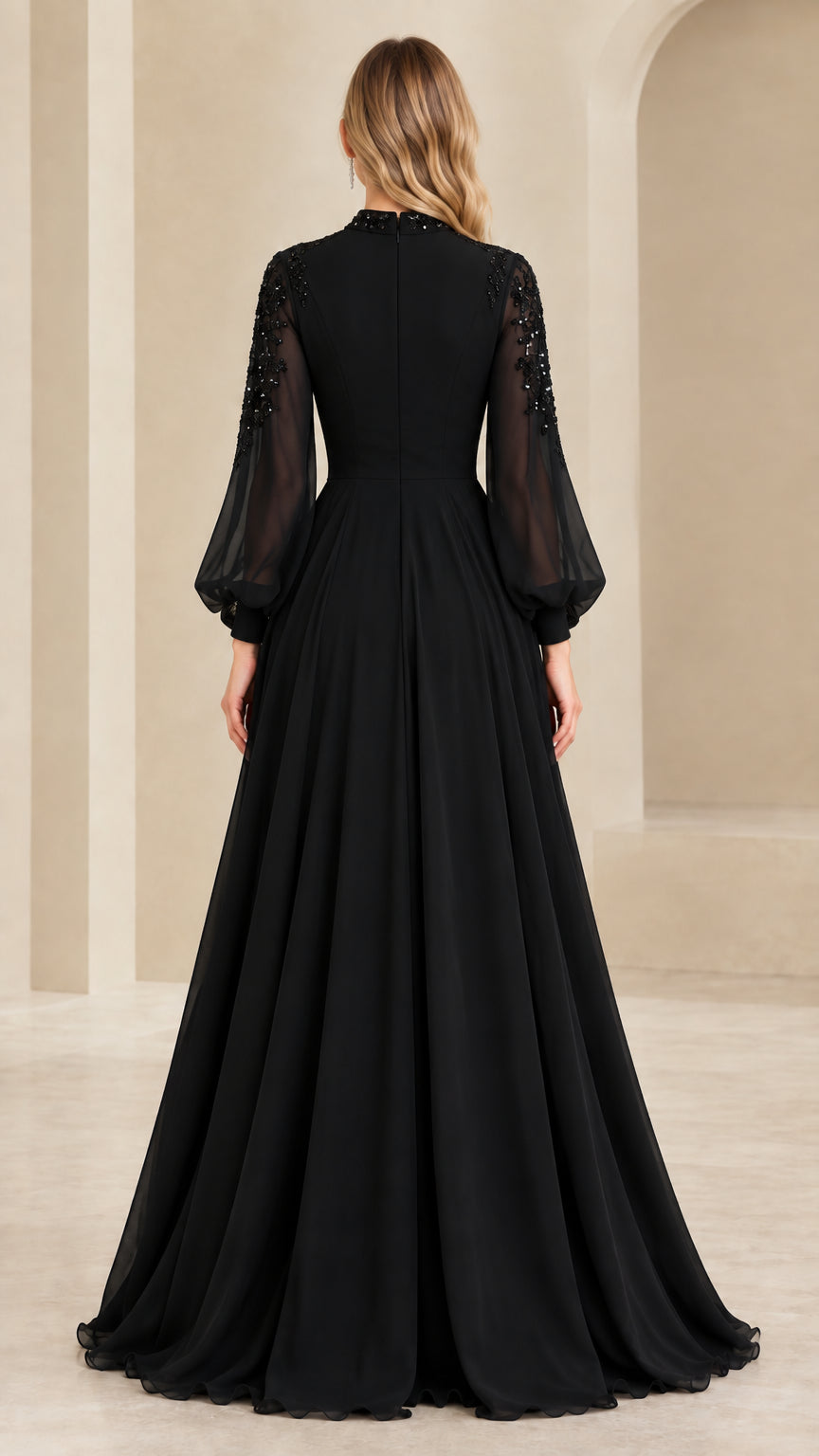 Back full view of black high neck chiffon floor-length evening dress