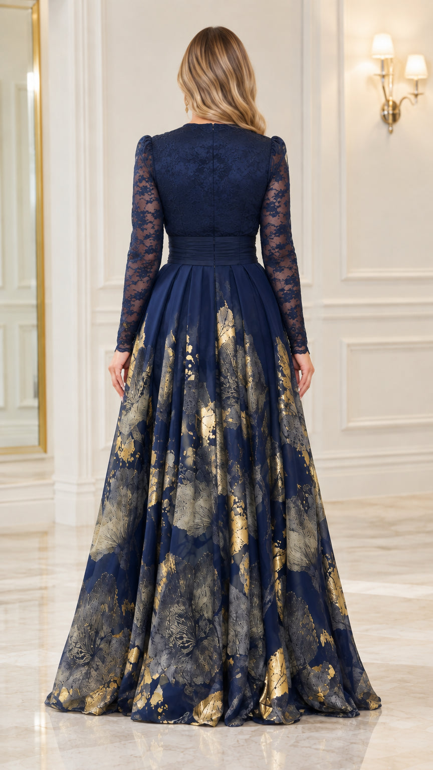 Back full-length view of navy blue lace bodice A-line evening gown